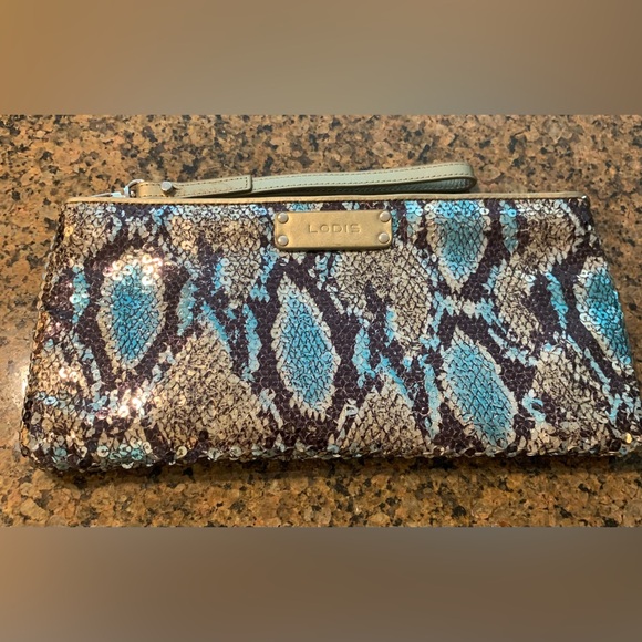 Lodis Handbags - Immaculate Lodis clutch in snakeskin patterned sequins, leather trim.